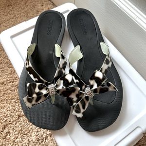 Guess Sandals - Black & White Leopard Print Bow with Rhinestones